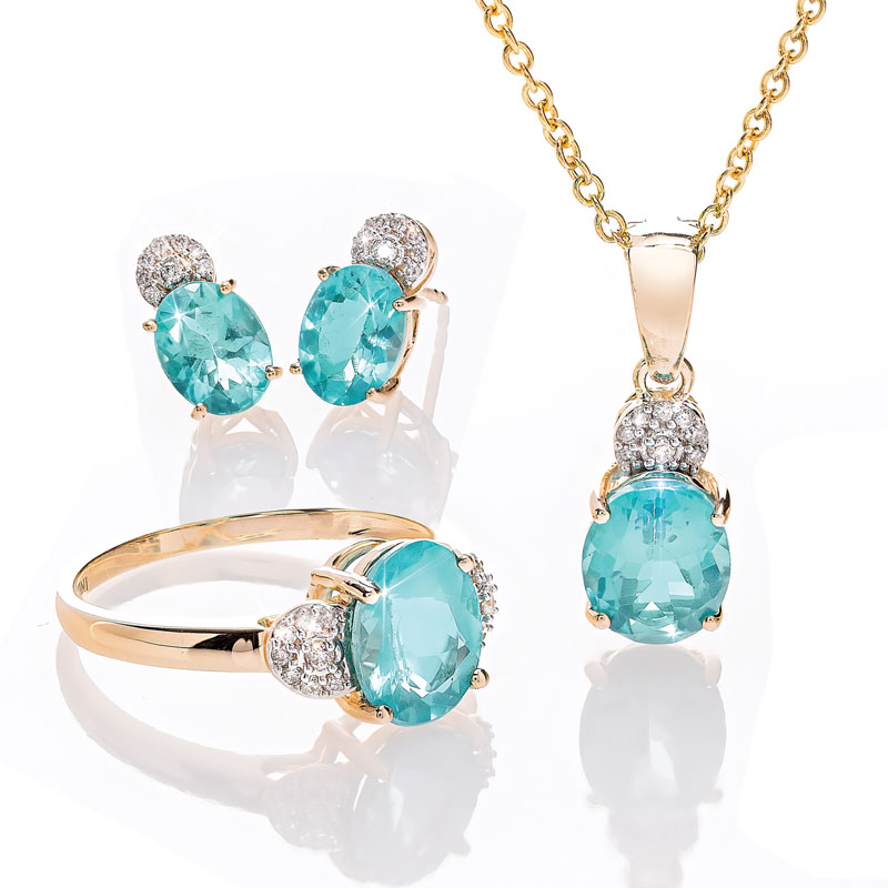 14K Yellow Gold Apatite and Diamond Necklace, Ring & Earrings