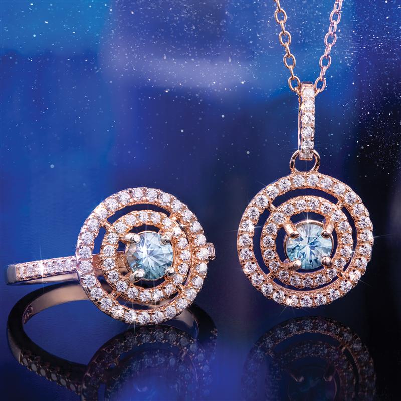 Blue & White Zircon Halo Necklace & Ring