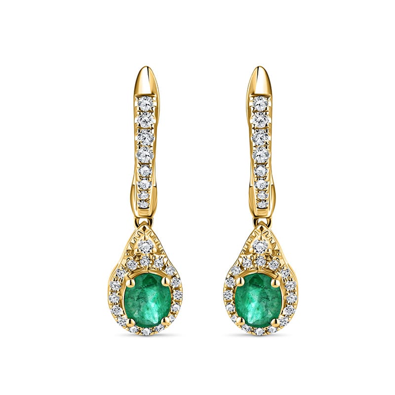 14k Yellow Gold Oval Emerald & Diamond Earrings