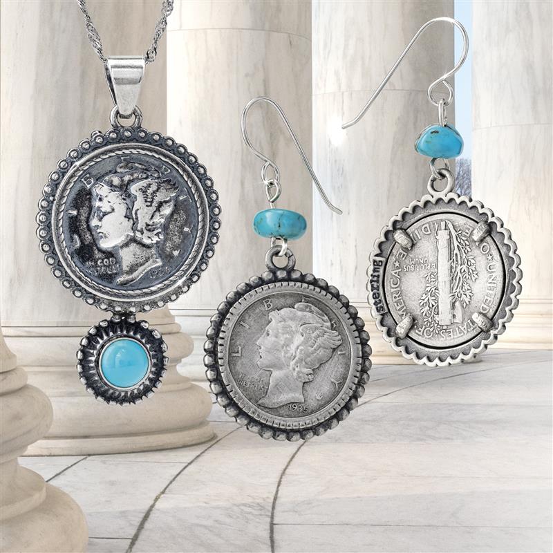 Mercury Dime & Sleeping Beauty Turquoise Pendant, Chain & Earrings