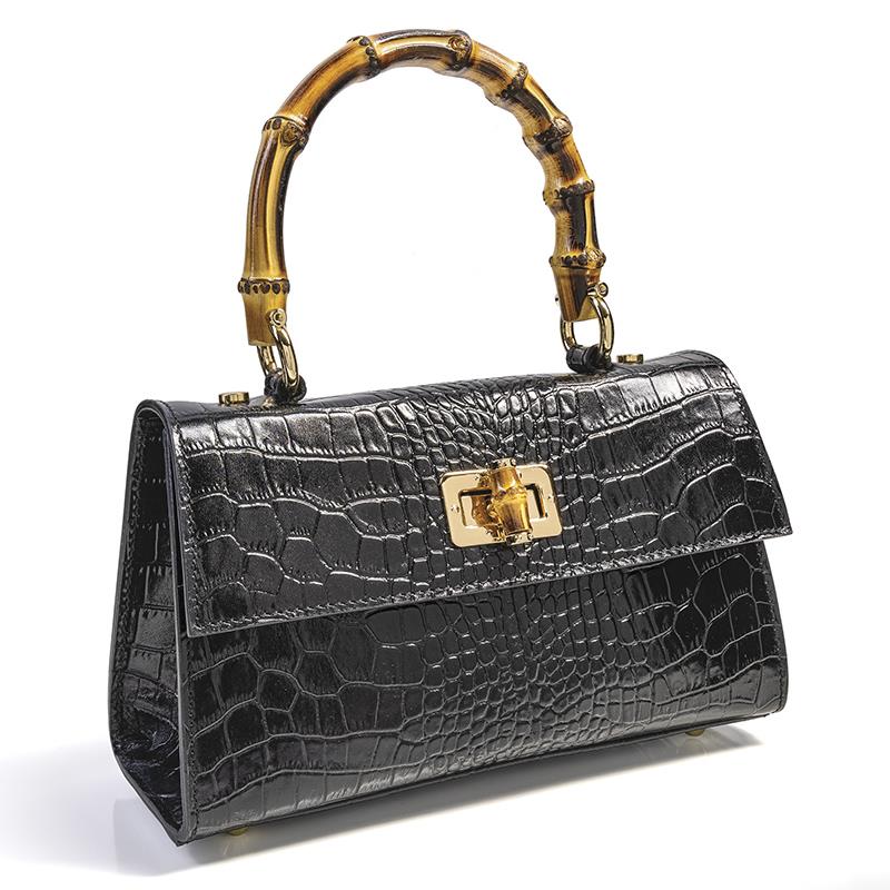 Bamboo Crocodile Embossed Handbag (Black)
