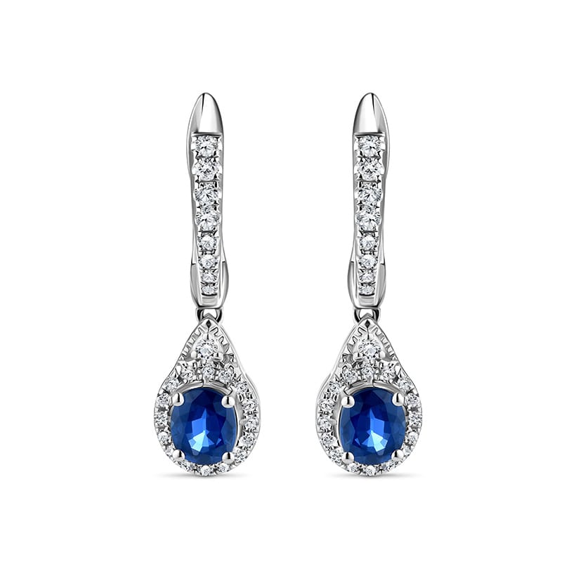 14K White Gold Oval Blue Sapphire & Diamond Earrings
