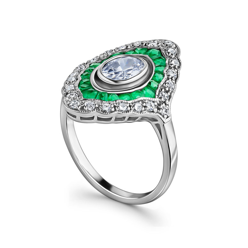 Sterling Silver Emerald and Moissanite Art Deco Ring