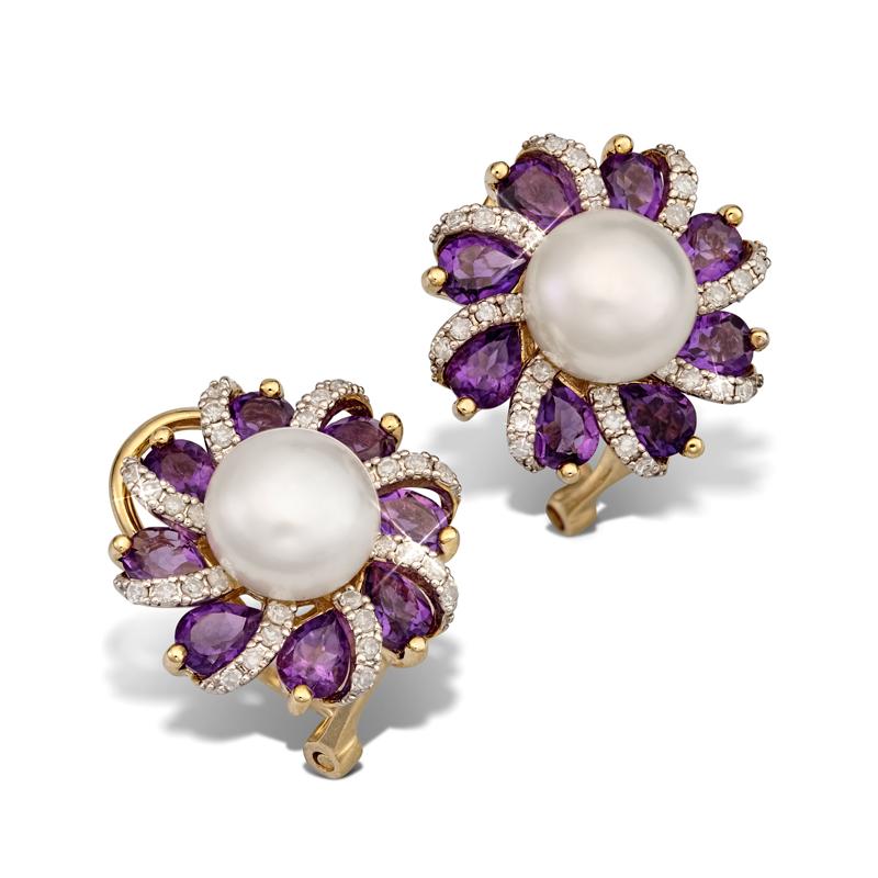 10K Yellow Gold Earrings With Fresh Water Pearl And Amethyst