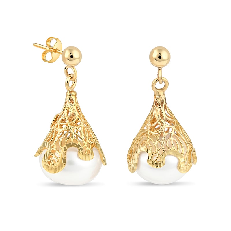 14K Italian Gold Filigree Pearl Earrings