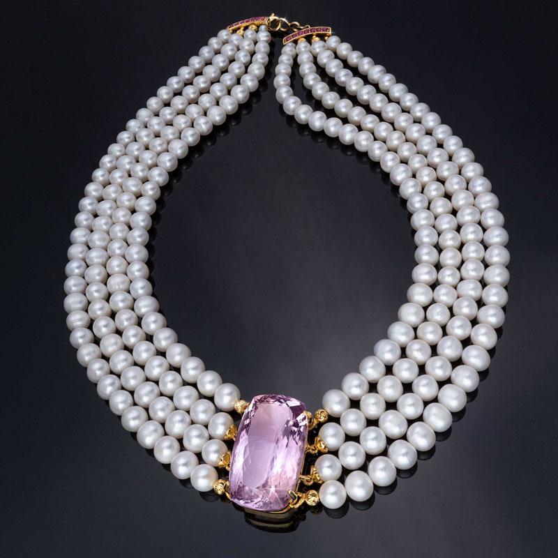 Cultured Freshwater Pearl & Pink Amethyst Necklace With Ruby Clasp