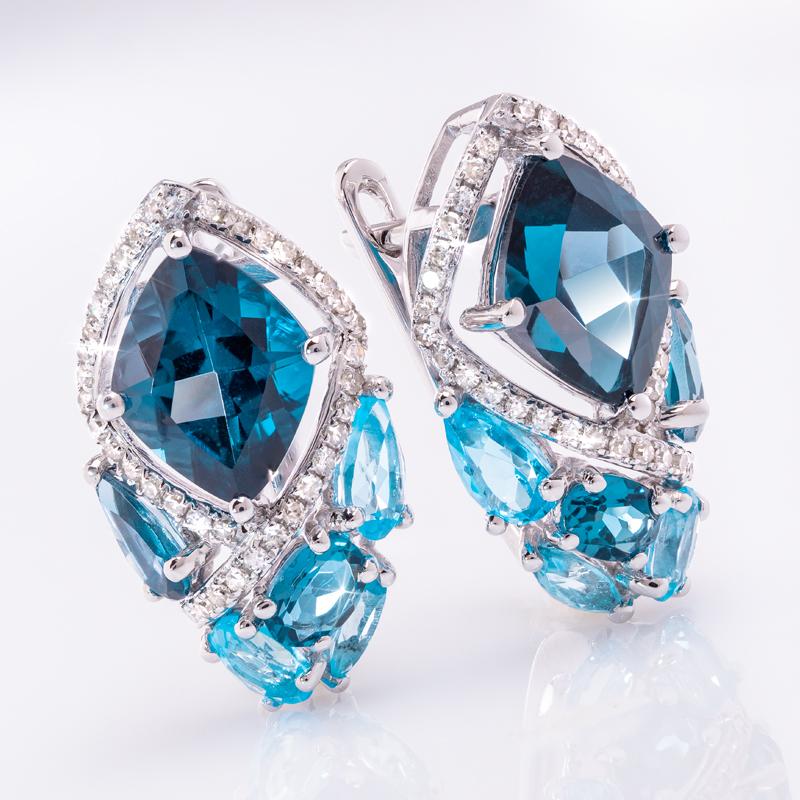 14K White Gold Blue Topaz & Diamond Cocktail Earrings