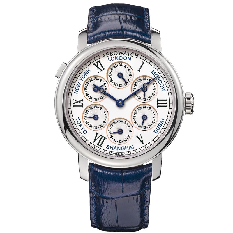 Swiss-made 7 Time Zones Watch (Dark Blue Leather with Silver Finish)