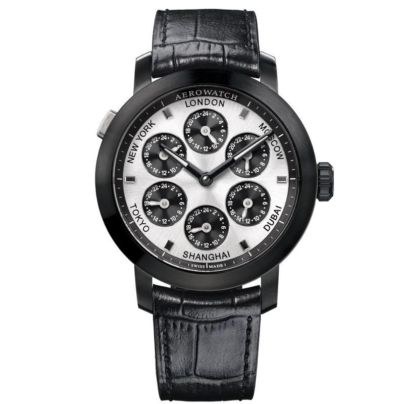 Swiss-made 7 Time Zones Watch (Black Leather with Black Finish)
