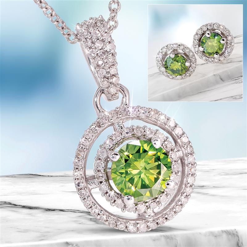 14K White Gold Fancy Green and White Diamond Necklace & Earrings