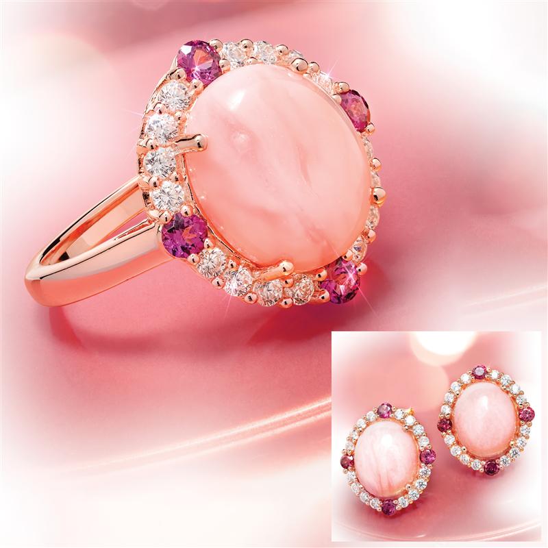 Peruvian Pink Opal & Rhodolite Ring & Earrings
