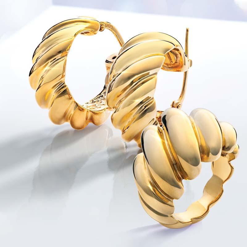 14K Italian Yellow Gold Sculpted Ring and Hoop Earrings