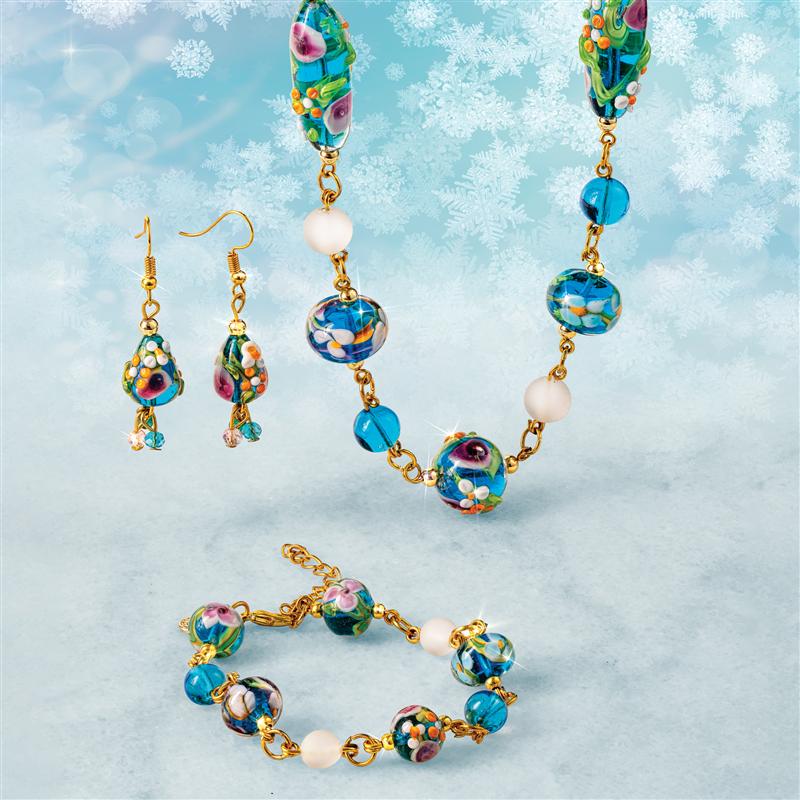 Murano Blue Floral Necklace, Bracelet and Earrings