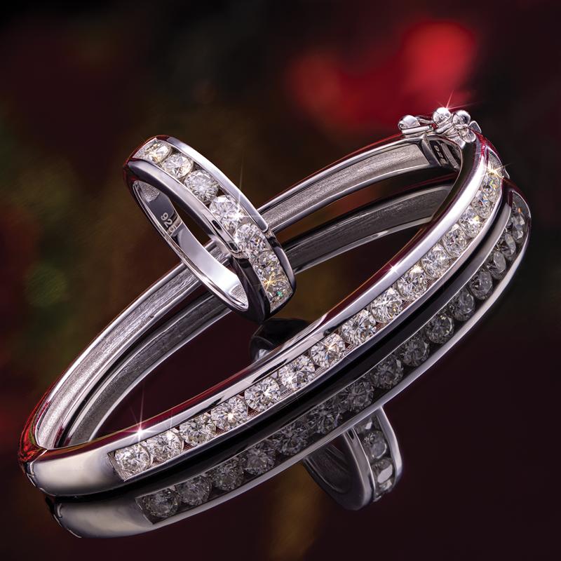 Rhodium-Finished Sterling Silver Moissanite Channel Ring & Bracelet