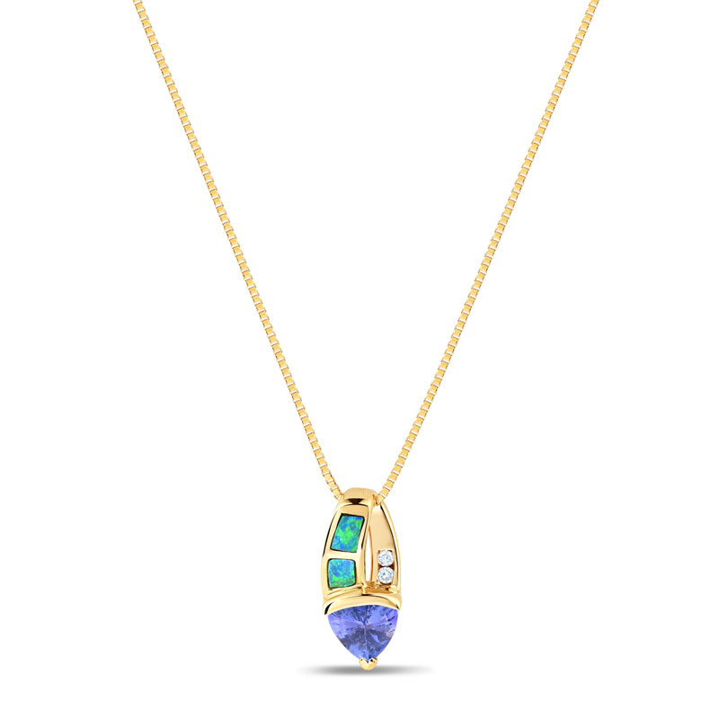 14K Yellow Gold Trillion Tanzanite and Opal Necklace