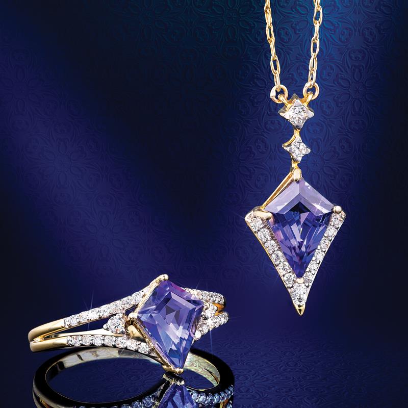14K Gold Fancy Cut Tanzanite & Diamond Necklace & Ring