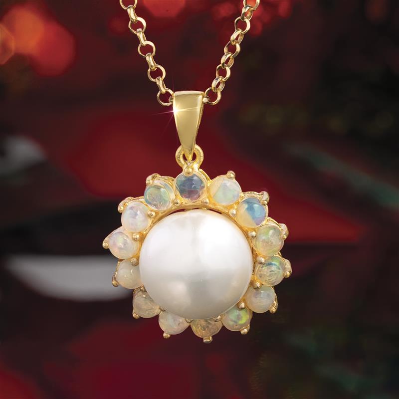 Ethiopian Opal & Pearl Galaxy Pendant, Chain & Earrings