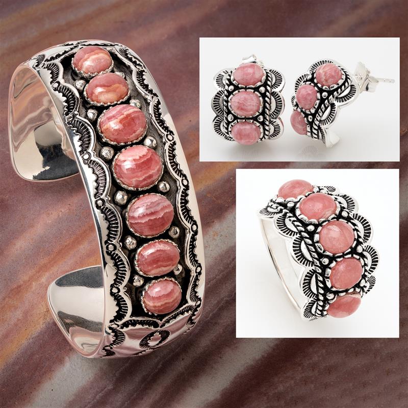 Inca Rose Rhodochrosite Ring, Cuff & Earrings