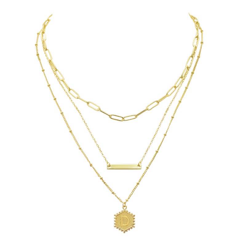 Gold-Finished 3-Layer Initial Necklace (D)
