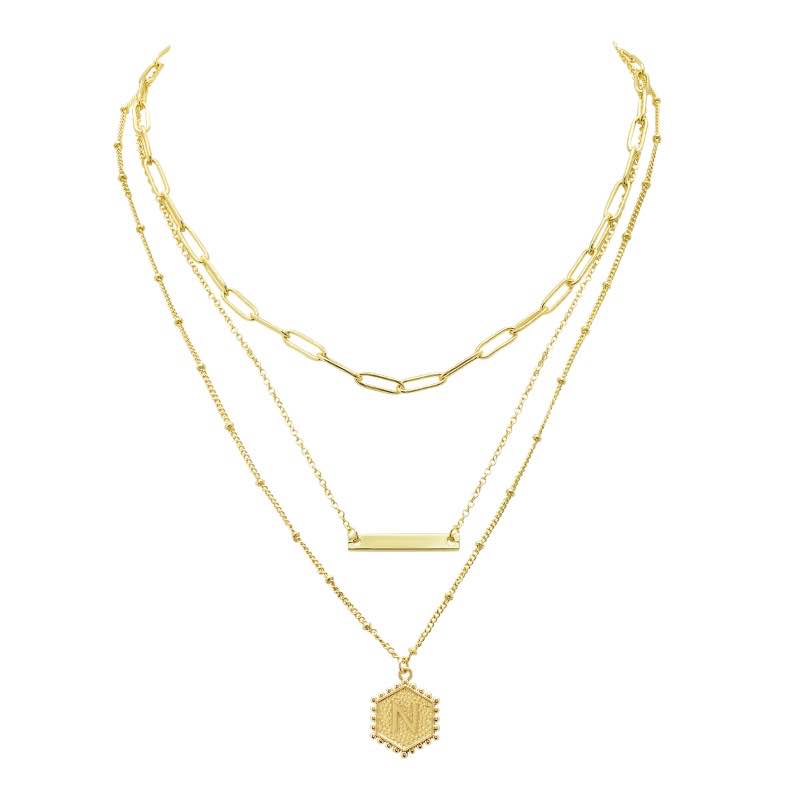 Gold-Finished 3-Layer Initial Necklace (N)