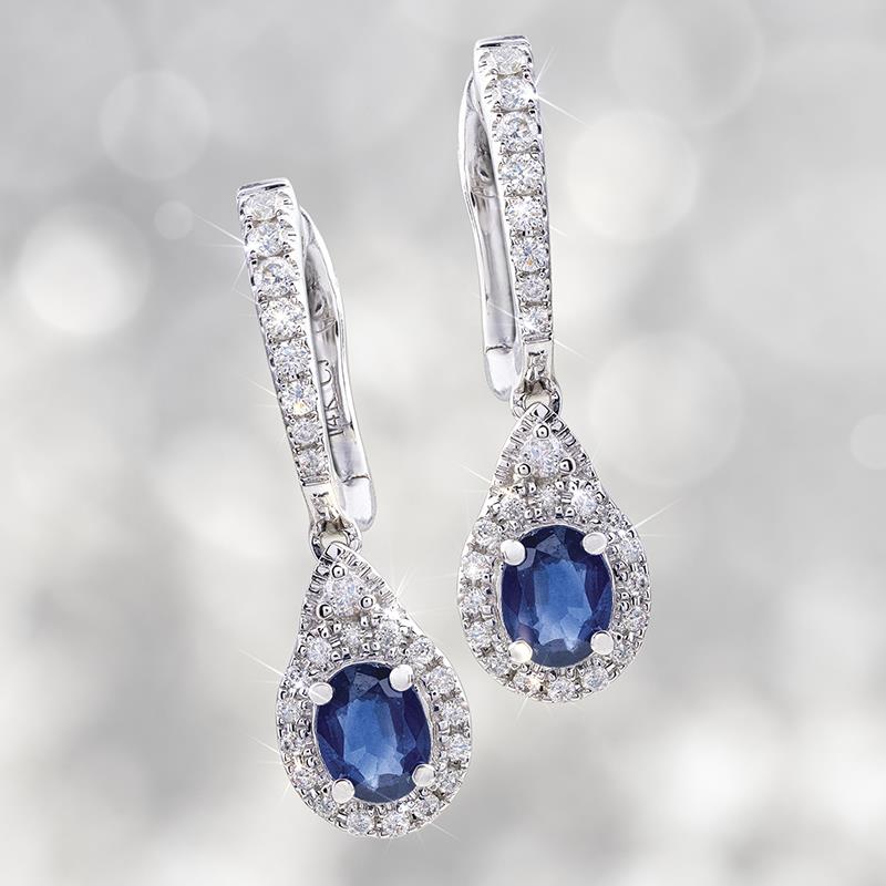 14K White Gold Oval Blue Sapphire & Diamond Earrings