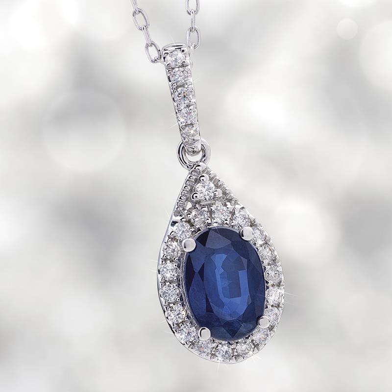 14K White Gold Oval Blue Sapphire & Diamond Necklace