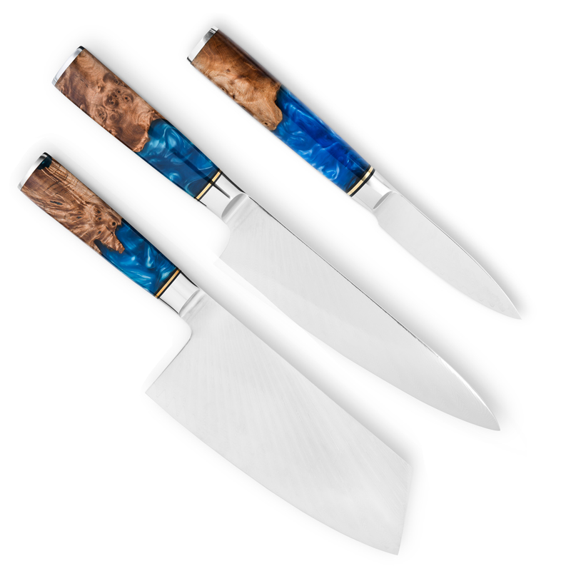 Blue Damascus Chefs Knife Set (set of 3)