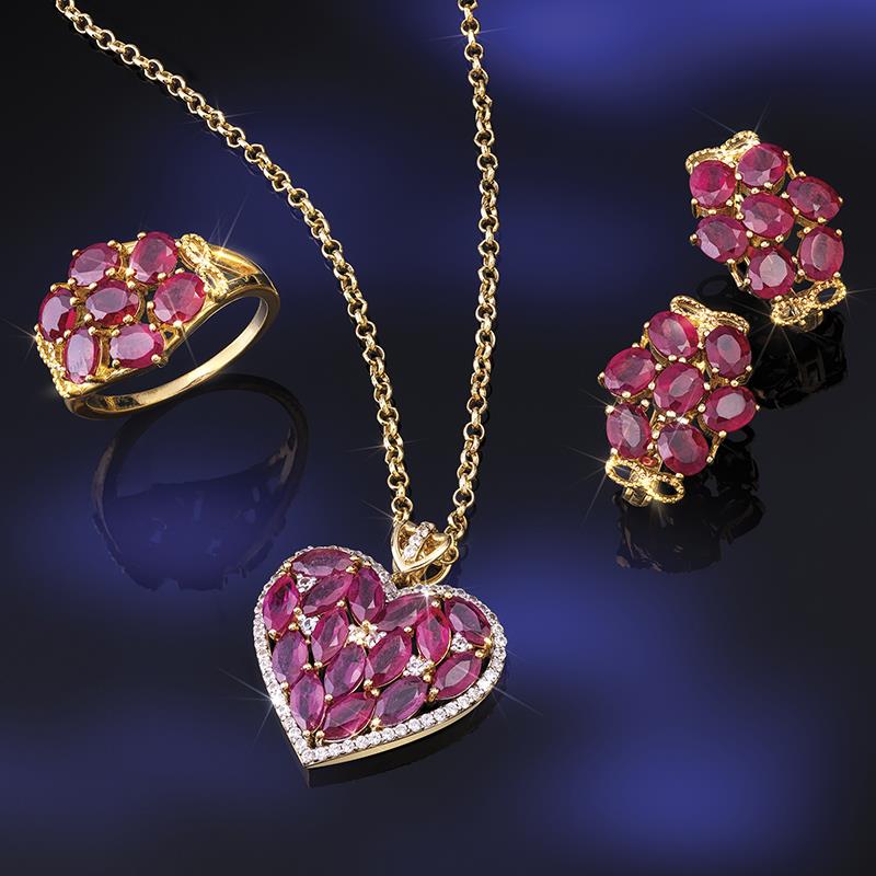 Ruby Heart Ring, Pendant, Chain & Earrings