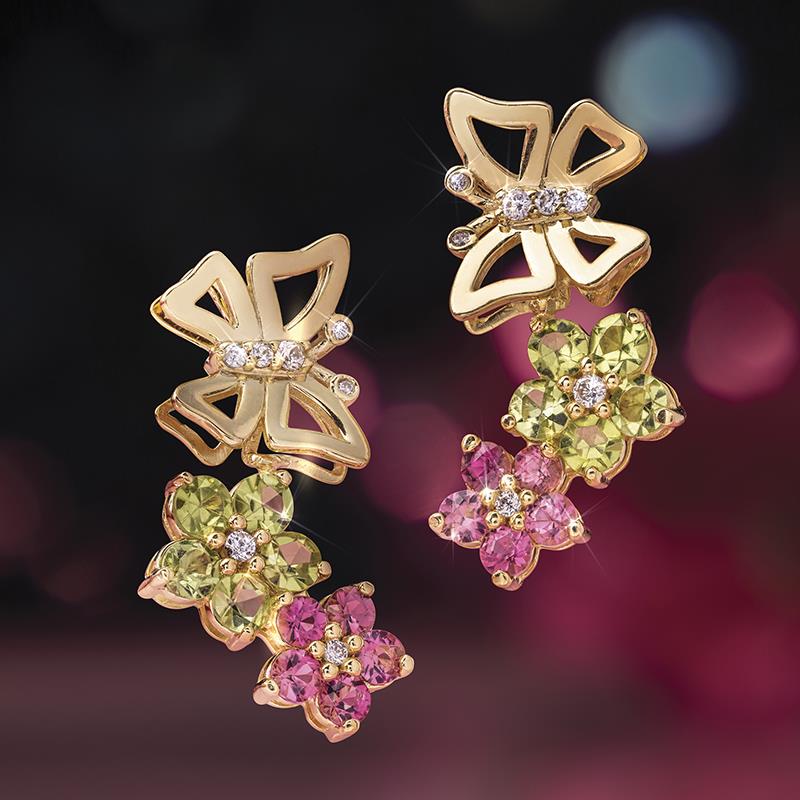 18k Gold Pink Tourmaline & Peridot Butterfly Earrings