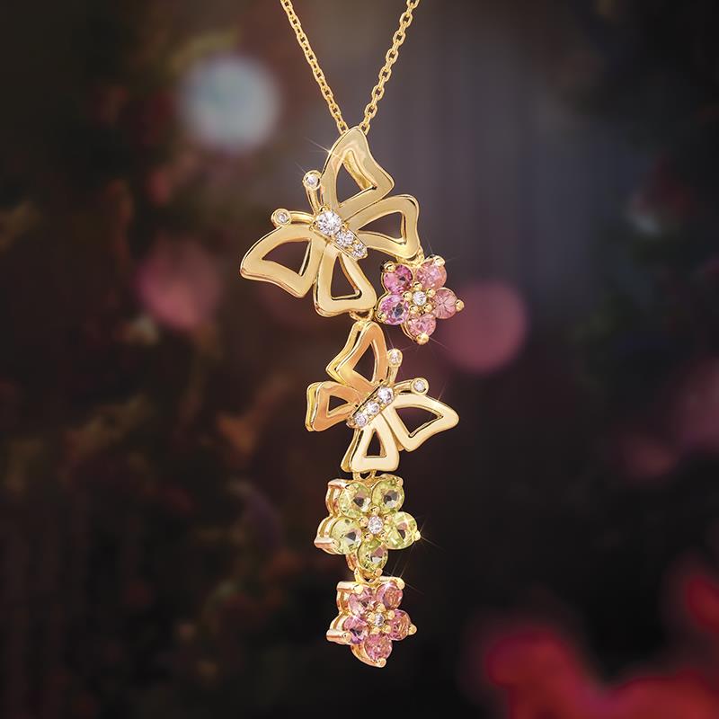 18k Gold Pink Tourmaline & Peridot Butterfly Necklace