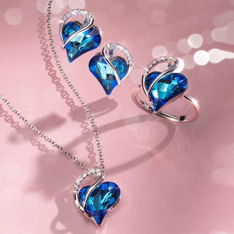 Blue Heart Pendant, Earrings and Ring