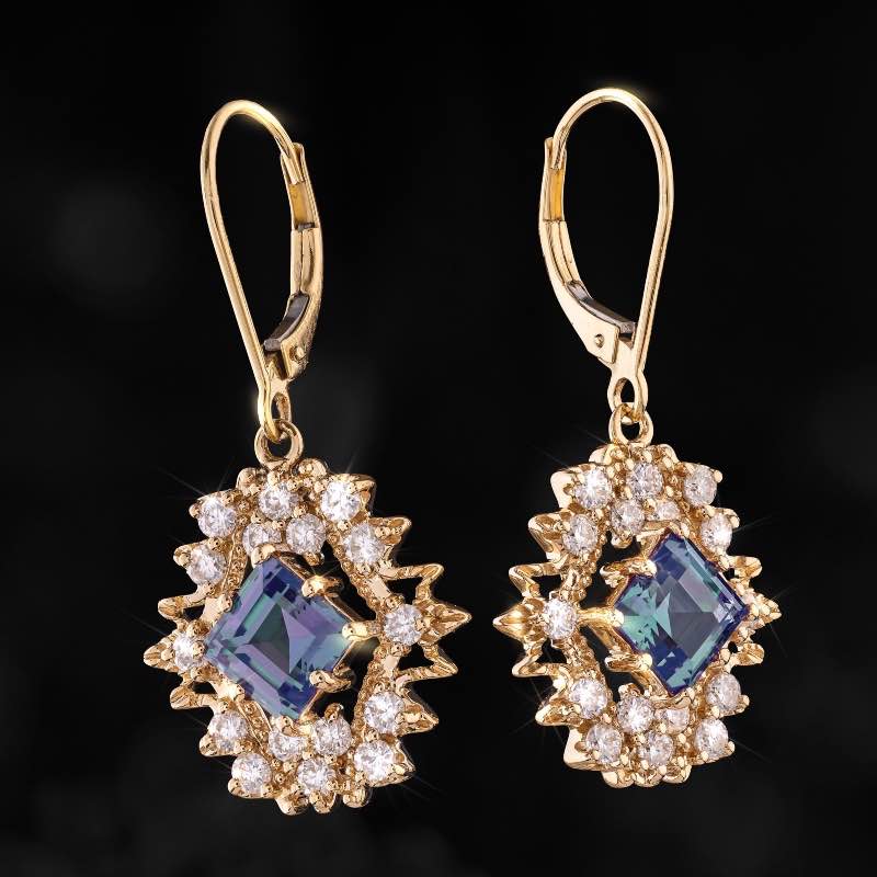 Gold-finished Sterling Silver Lab Alexandrite & Moissanite Earrings