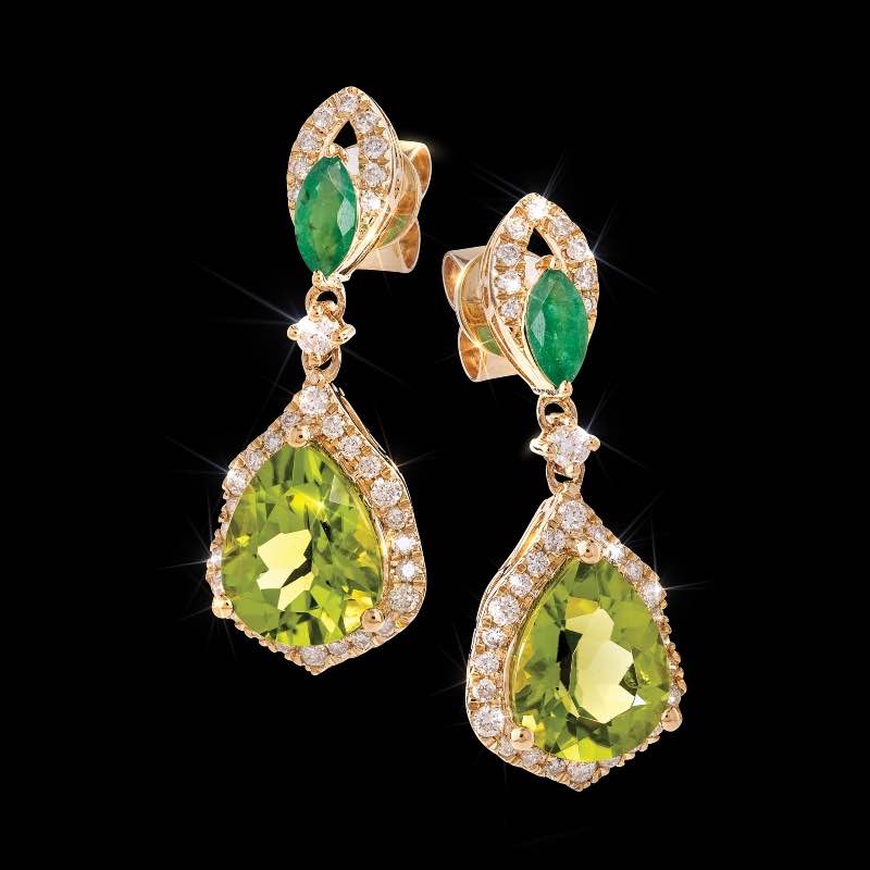 14k Yellow Gold Peridot and Emerald Earrings