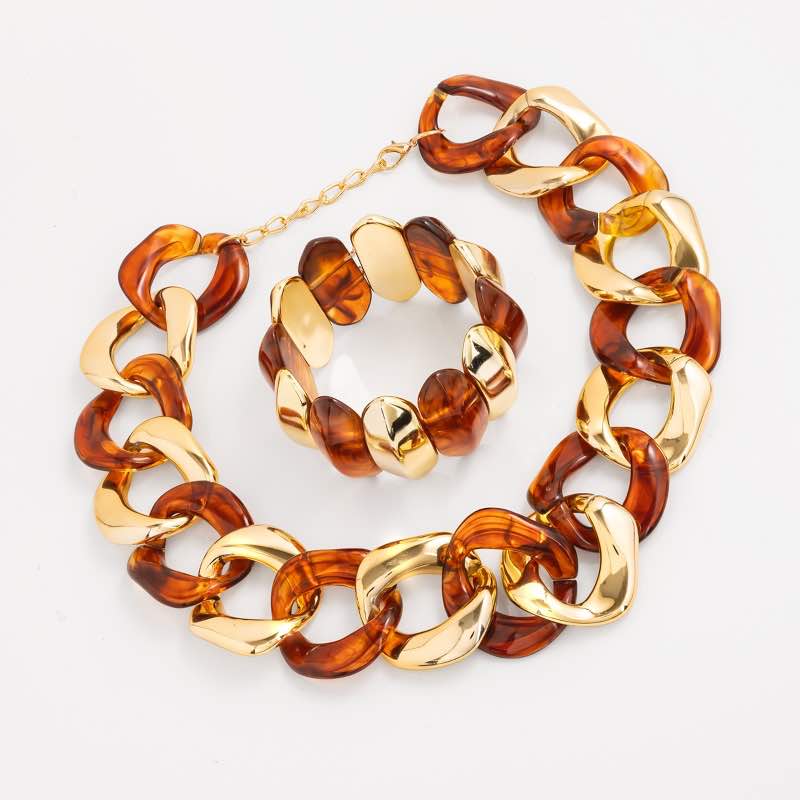 Amber and Gold Statement Necklace and Bracelet