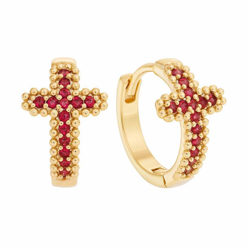 18K Gold-finished Huggies Cross Earrings (Ruby Red)