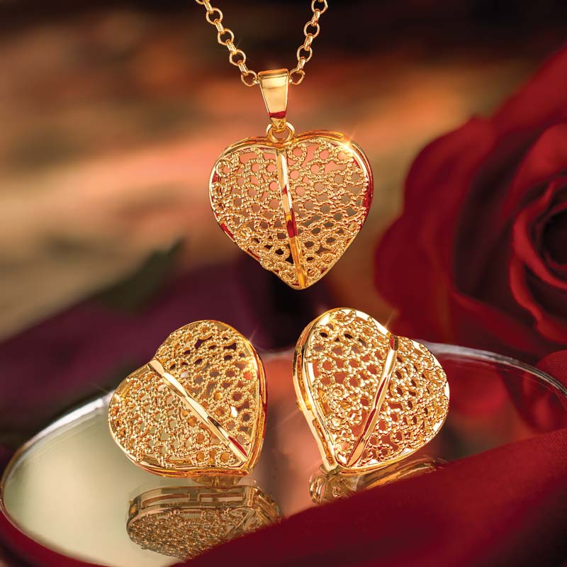 Hearts of Gold Pendant and Earrings Set