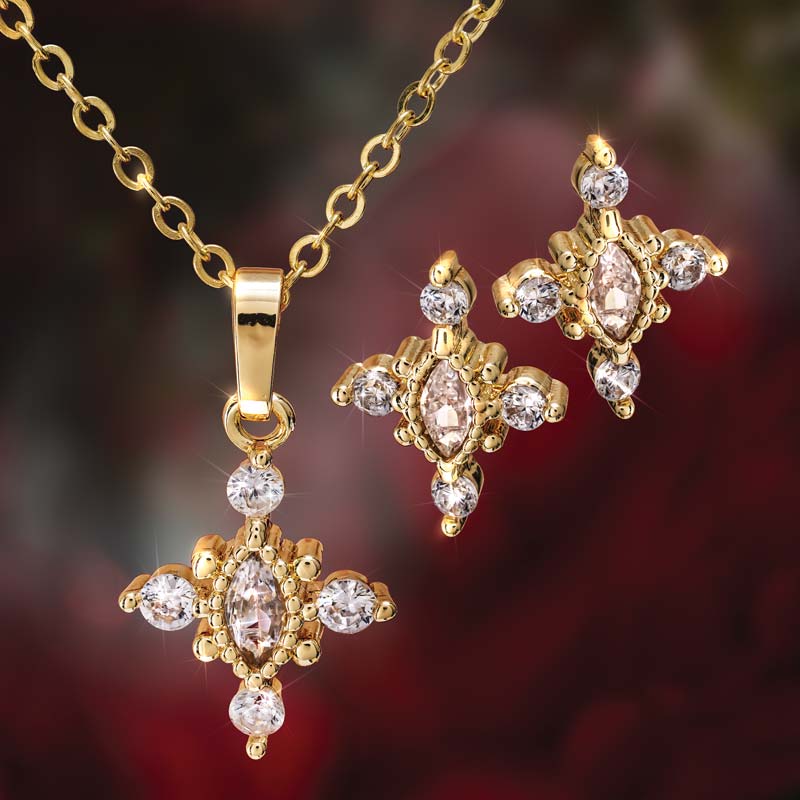 18KYGP RP BRASS MARQUISE NECKLACE & EARRINGS SET