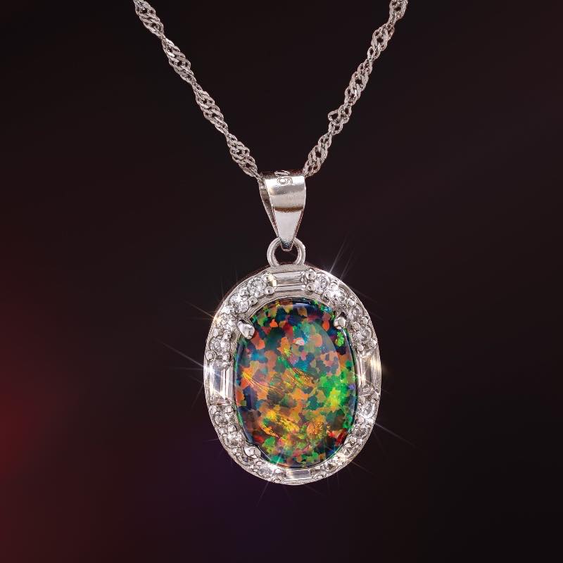 Stone of Secrets Black Opal Pendant, Chain & Earrings