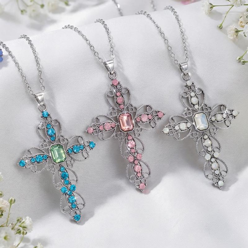 Victorian Grace Cross Necklace (Pink)