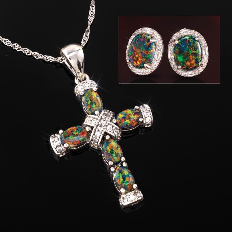 Stone of Secrets Black Opal Pendant, Chain & Earrings