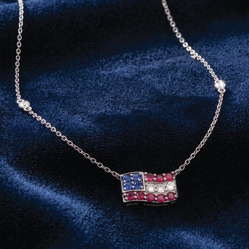 14K White Gold Ruby Sapphire and Diamond Flag Necklace