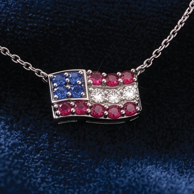 14K White Gold Ruby Sapphire and Diamond Flag Necklace
