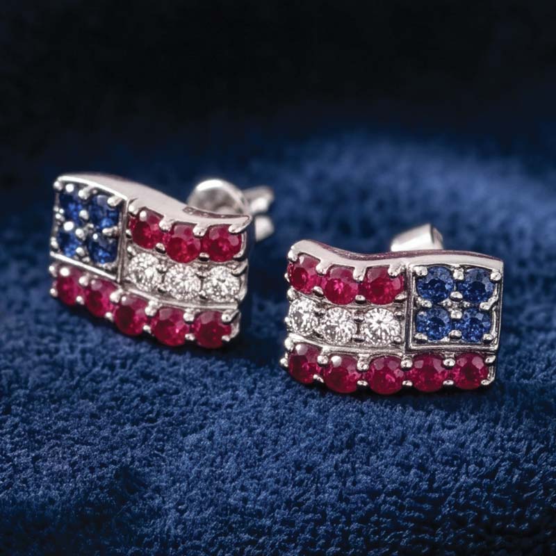 14K White Gold Ruby Sapphire and Diamond Flag Earrings