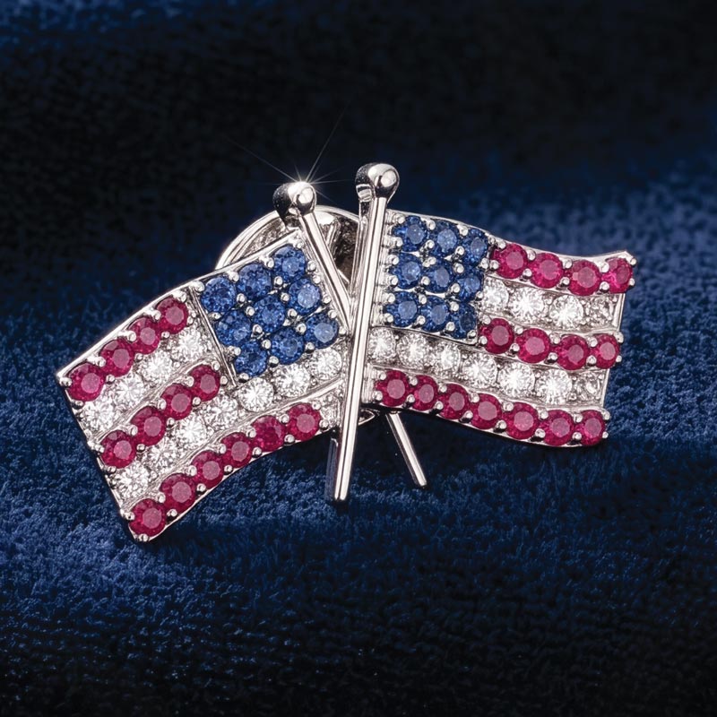 14K White Gold Ruby Sapphire and Diamond Flag Pin