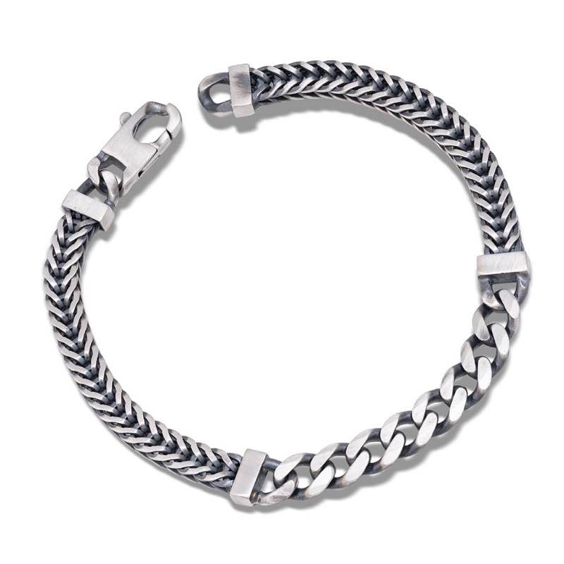 Sterling Silver Antiqued Mens Wheat & Curb Bracelet