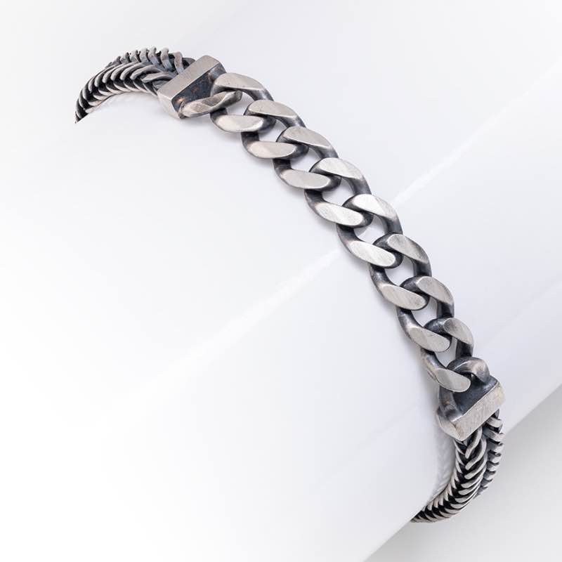 Sterling Silver Antiqued Mens Wheat & Curb Bracelet