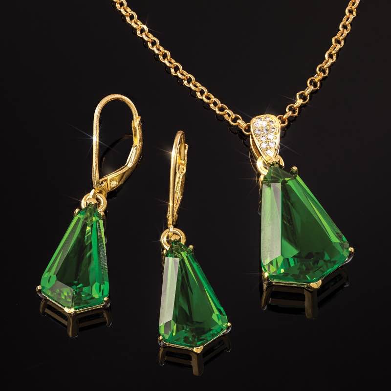 Helenite Green Fire Kite Pendant, Chain & Earrings