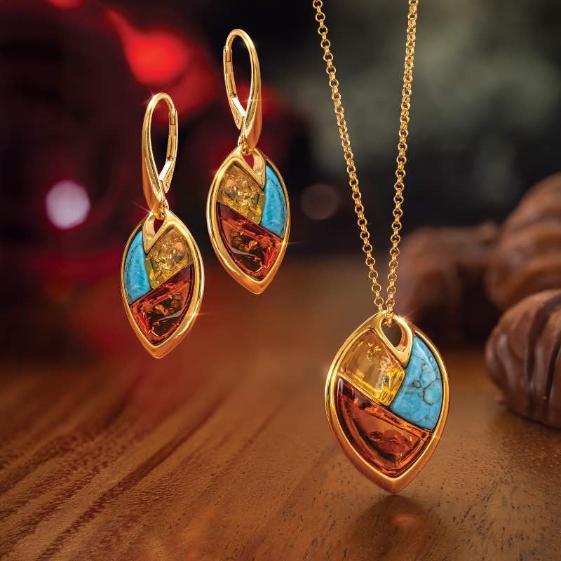 Sun & Sky Amber and Turquoise Necklace & Earrings (gold-finished)