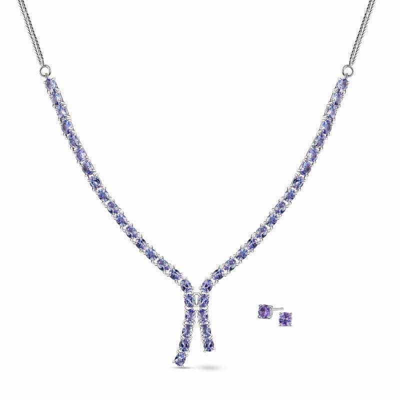 Tanzanite Lariat Necklace and FREE stud earrings (rhodium-finished)