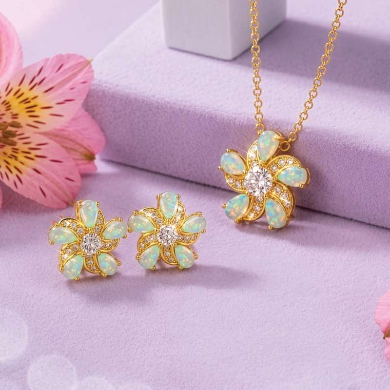 Lab-Opal Wildflower Pendant, Chain & Earrings